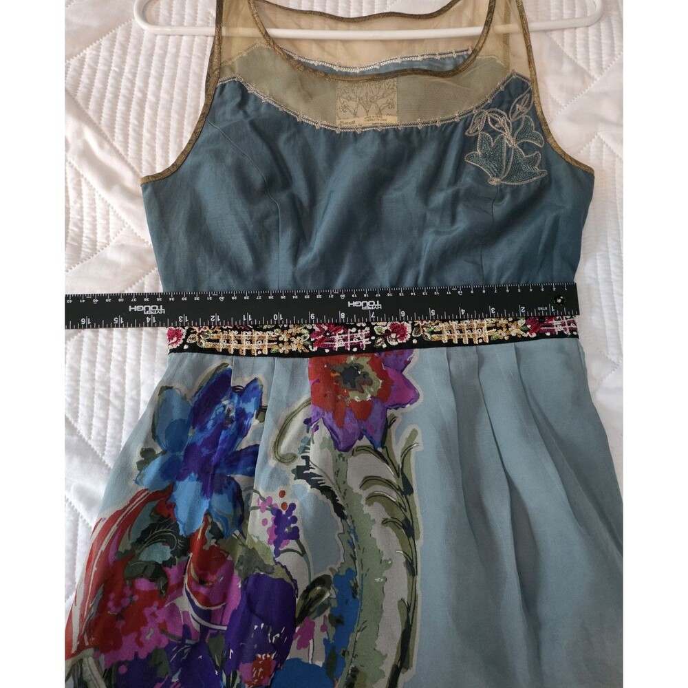 Anthropologie Floreat Silk Dress Womens Size 2 Blue With Floral Lined Skirt - Picture 5 of 9